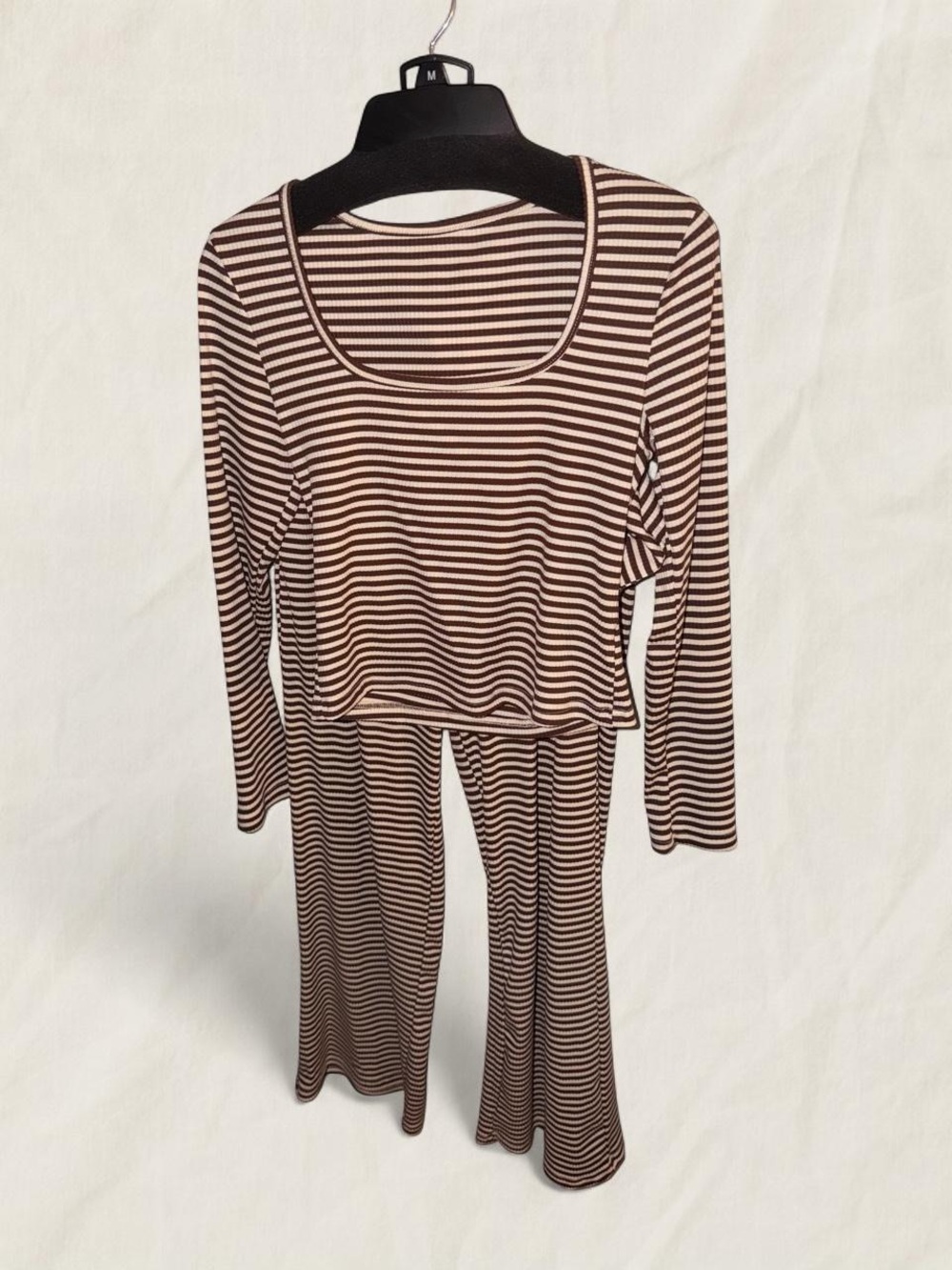 Striped Long Sleeve Scoop Neck Top in Brown and Cream
